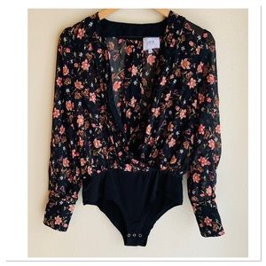 J.O.A Wrap Bodysuit Top Black Red Gold Metallic Medium